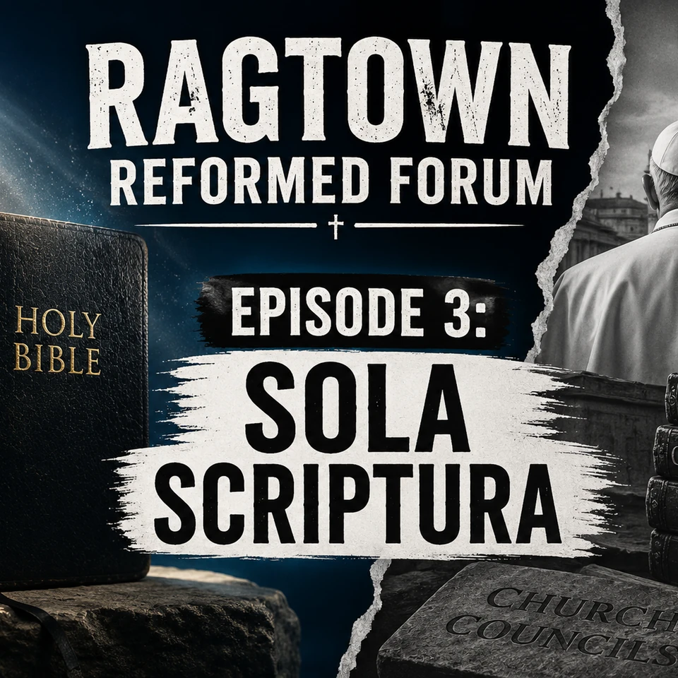Ragtown Reformed Forum Episode 3: Sola Scriptura collage contrasting an illuminated Holy Bible with papal and church-council imagery across a torn divide