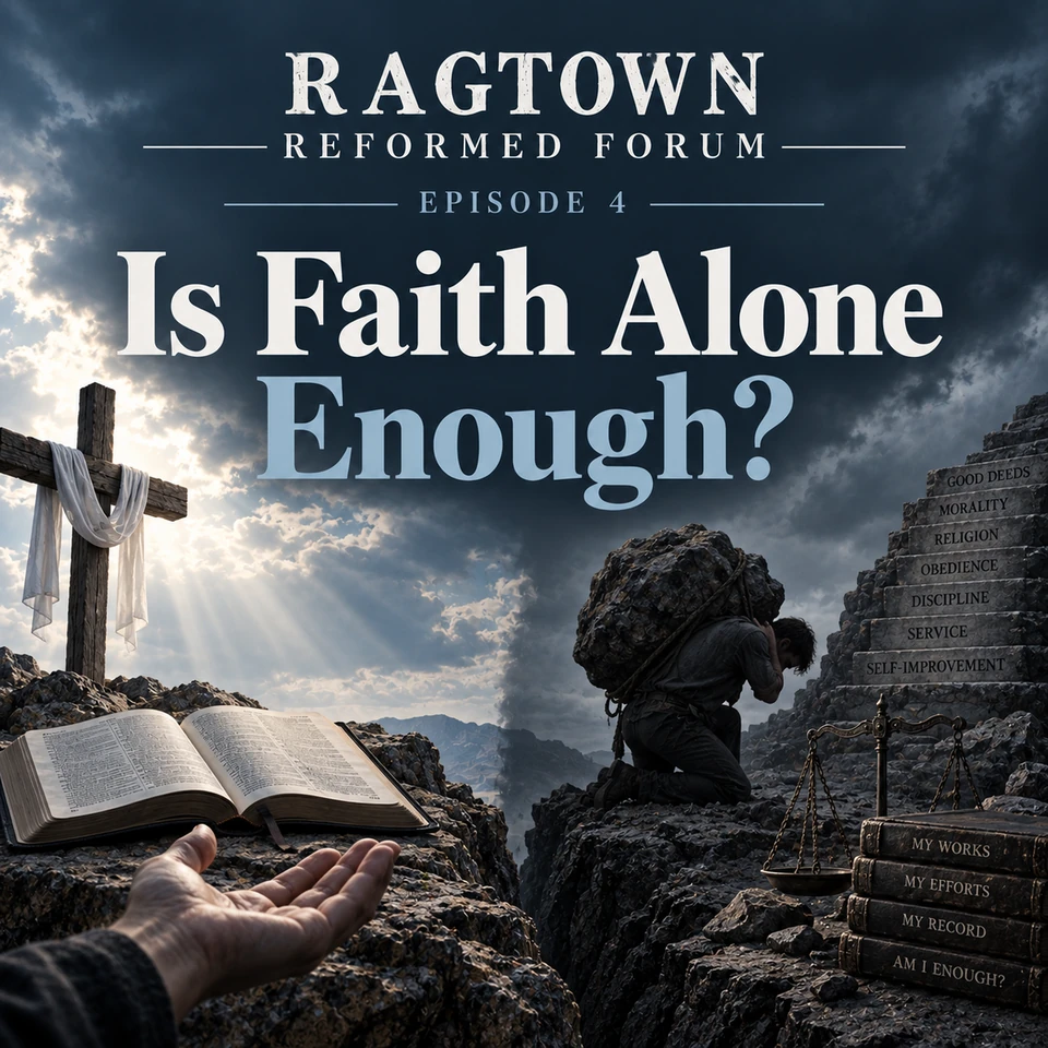 Ragtown Reformed Forum Episode 4: Is Faith Alone Enough? An empty cross and open Bible beside a burdened figure climbing steps marked with works.