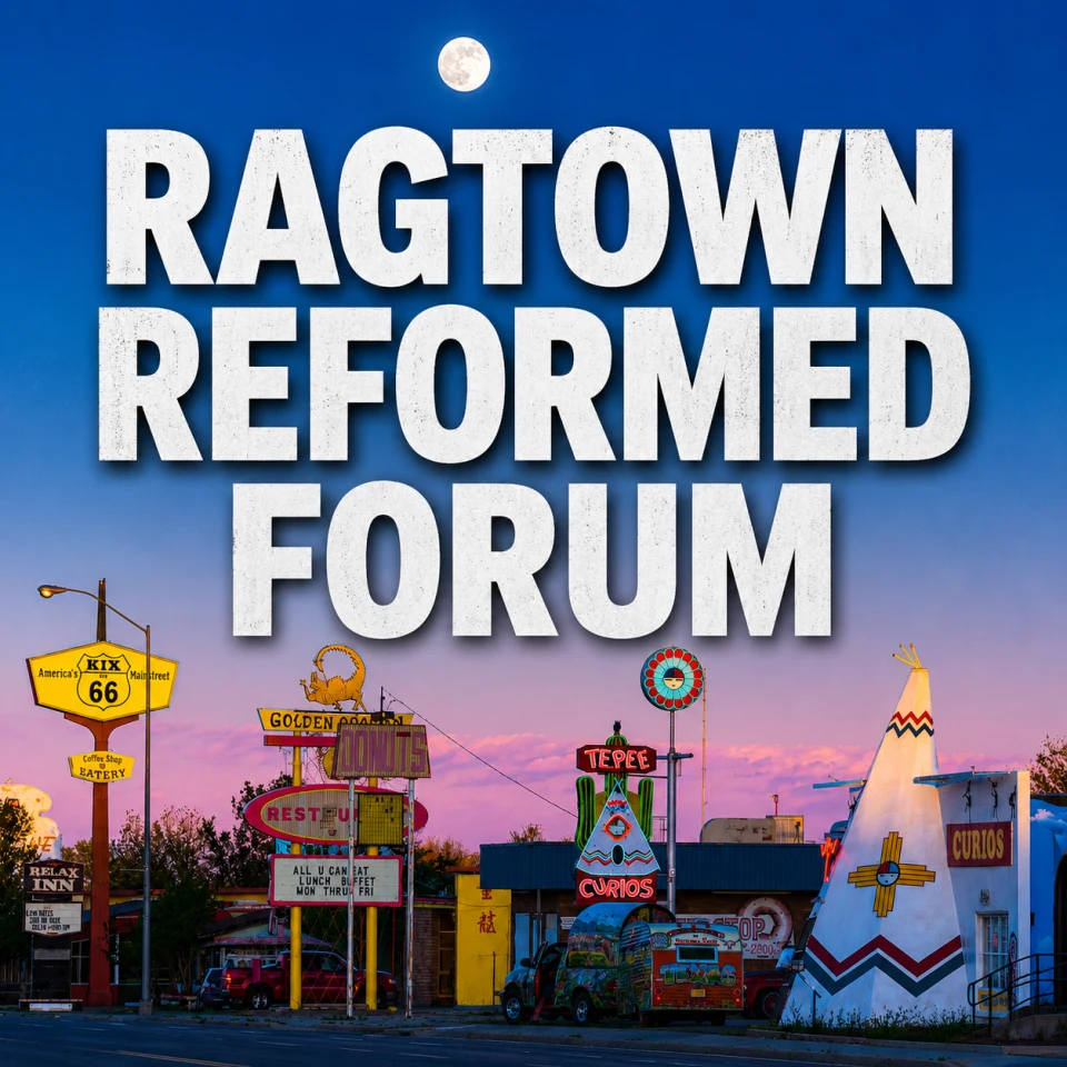 Ragtown Reformed Forum title above the Route 66 neon signs and streetscape of Tucumcari, New Mexico at dusk